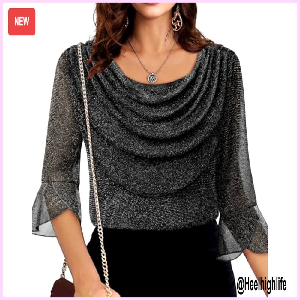 Sparkly Cowl Neck Blouse 3/4 Sleeve Dressy Casual Top for Evening Party - Picture 4 of 7
